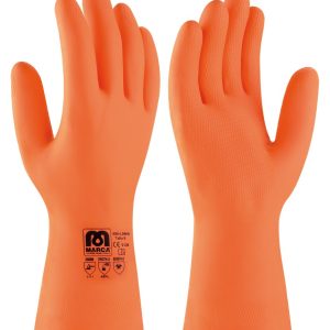 GUANTE INDUSTRIAL DE LÁTEX COLOR NARANJA PARA RIESGOS MECÁNICOS, QUÍMICOS Y MICROORGANISMOS