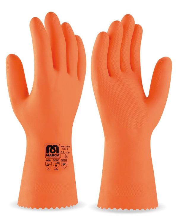 GUANTE INDUSTRIAL DE LÁTEX COLOR NARANJA PARA RIESGOS MECÁNICOS, QUÍMICOS Y MICROORGANISMOS