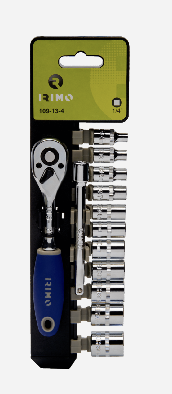 Carraca 1/4" con 10 vasos hexagonales y alargadera tipo pera 109-13-4 IRIMO